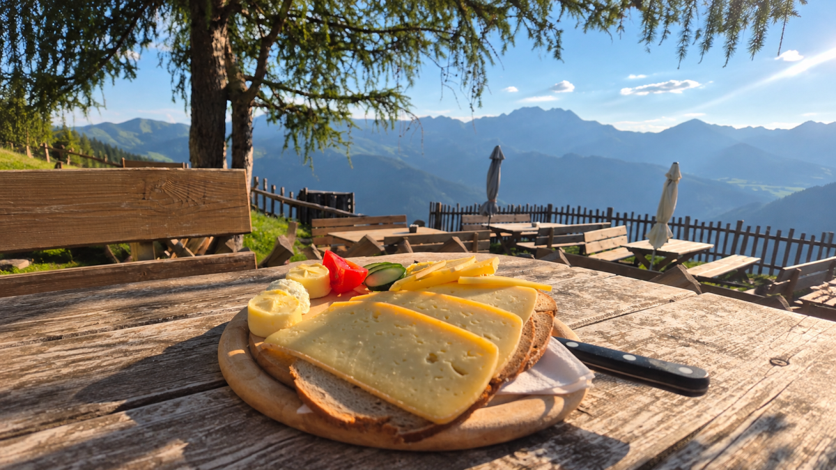 alpenjause mit bergpanorama